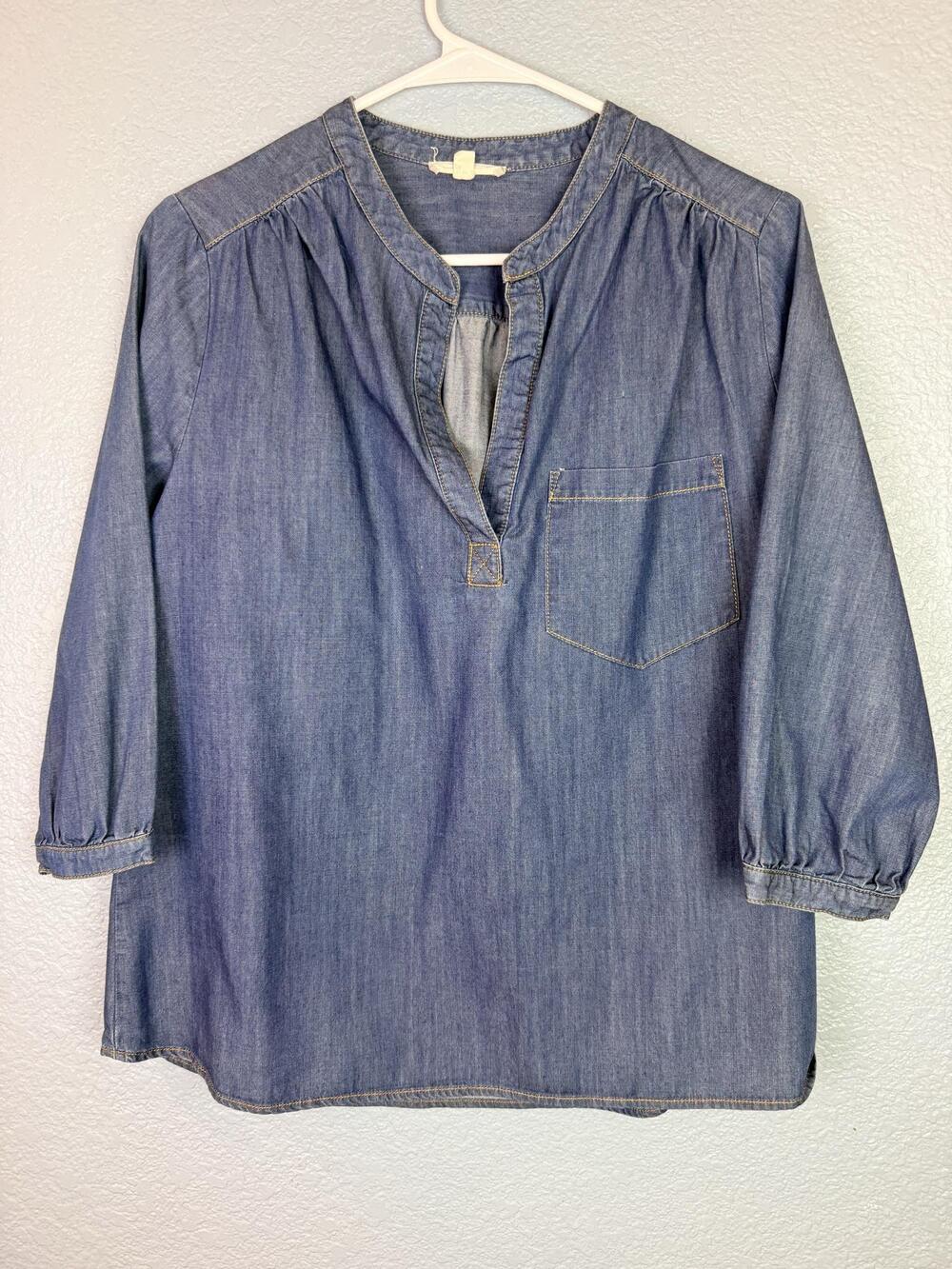 Pleione Blouse Womens Small Blue Chambray Split Neck 3/4 Sleeve Tunic Top
